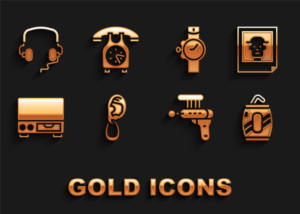 设置耳朵耳环，照片，汽水罐吸管，射线枪，旧录像带播放器，手表，耳机和电话听筒图标。向量图片下载