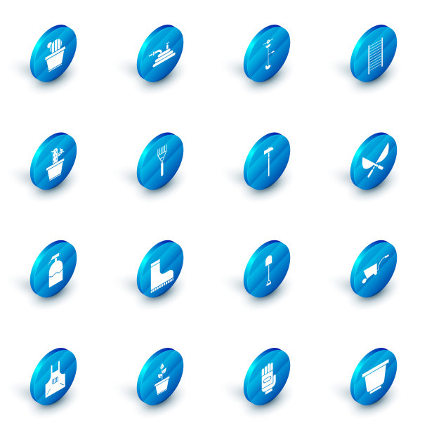 集花园软管或消防软管，草和杂草电动串修剪器，木制楼梯，仙人掌多肉锅，喷雾器，耙子，园艺手工剪刀和锤子图标。向量图片下载