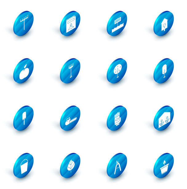 设置一种特定植物的种子，空白的木制标牌，复古的墙壁手表，苹果，花园铲子或铲子，耙子，树和图标。向量图片下载