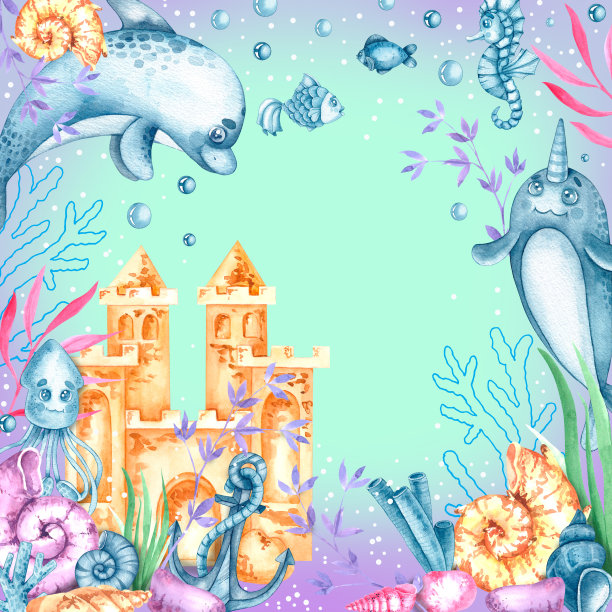 水彩背景图像与海洋生物，沙城堡，贝壳，珊瑚在明亮的背景图片下载