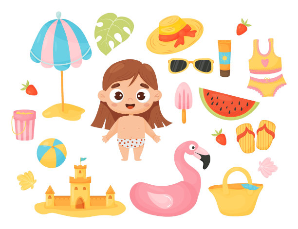夏天的时间。收集可爱的女孩在度假海滩配件和衣服，橡胶火烈鸟，遮阳伞，沙城堡和西瓜。矢量插图在卡通风格。孤立的元素。图片下载