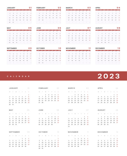 一套2023年历模板。矢量布局的墙或书桌简单的日历与周开始星期一。日历以黑白两色设计，节日以红色为主色。图片下载