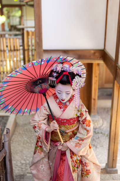 日本舞伎(艺伎在训练)走在台阶上祗园，京都，使用传统的日本纸伞遮阳图片下载