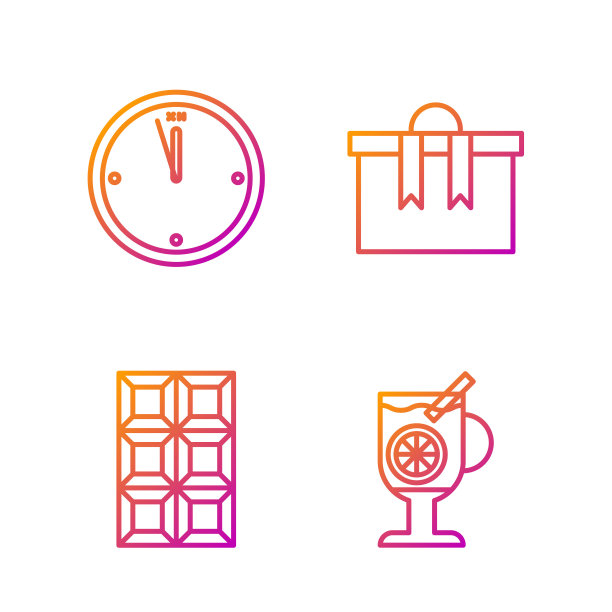 设线热葡萄酒与饮料，巧克力棒，时钟和礼盒。渐变颜色图标。向量图片下载