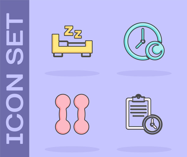 运动训练计划、睡眠时间、哑铃和图标矢量素材图片下载