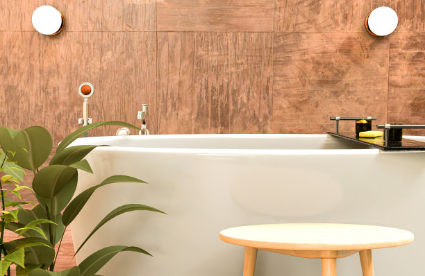 白色陶瓷浴缸，豪华的现代浴室，木质拼花墙，装饰性的浴室壶和展示身体卫生用品和洗漱用品的轻木桌。图片下载