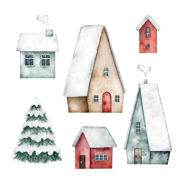 冬天一套可爱的房子，有门，有窗，有烟囱，屋顶上有雪，还有云杉树。手绘水彩设计的圣诞贺卡，纪念品，冬季海报，新年快乐，贴纸，邀请，问候图片下载