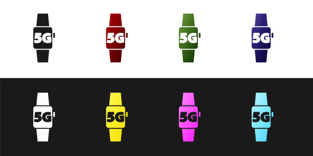 设置智能手表5G新无线上网wifi图标隔离黑白背景。全球网络高速连接数据速率技术。向量图片下载