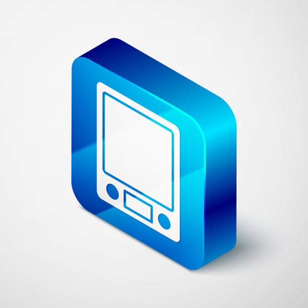 等距电子秤图标孤立的灰色背景。称重设备。蓝色方形按钮。向量图片下载