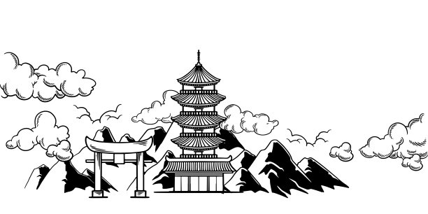 传统的东方日本建筑景观。矢量手绘黑白与鸟居门和山。素描插画设计。图片下载