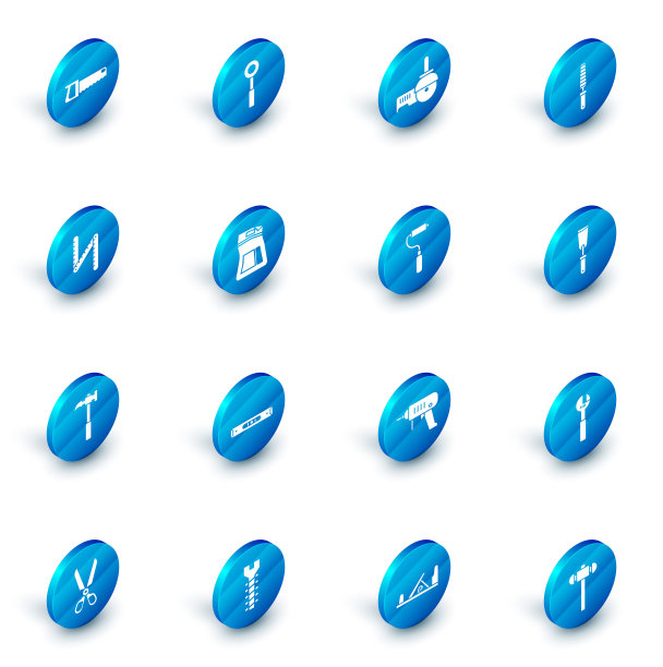 套扳手扳手，角磨机，凿子工具的木材，折尺，羊角锤，水泥袋，油灰刀和油漆辊刷图标。向量图片下载