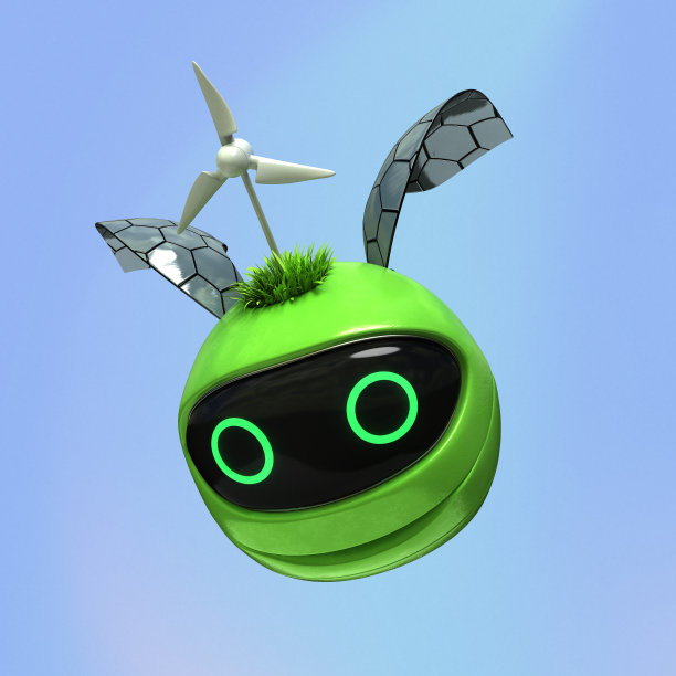 吉祥物-快乐的绿色小机器人在天上飞-可再生能源- 3D图片图片下载