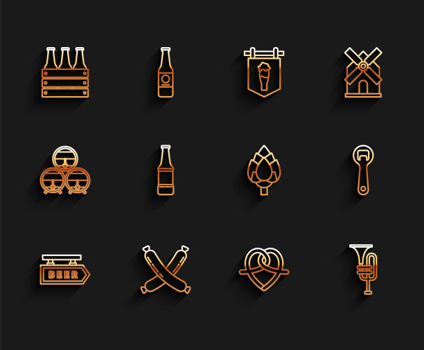 设置线街道招牌铭文啤酒，交叉香肠，包装啤酒瓶，椒盐脆饼，乐器小号，开瓶器和啤酒花图标。向量图片下载