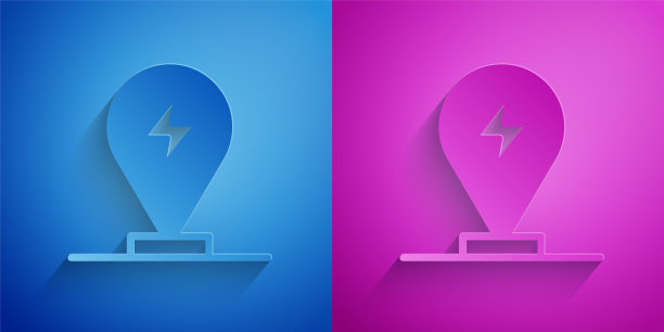 剪纸充电停车电动汽车图标隔离在蓝色和紫色的背景。纸艺风格。向量图片下载