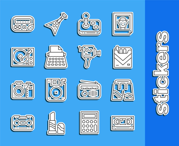 集线VHS录像带磁带，短裤或裤子，香烟包装盒，操纵杆，复古打字机，乙烯基播放器，寻呼机和电影摄像机图标。向量图片下载