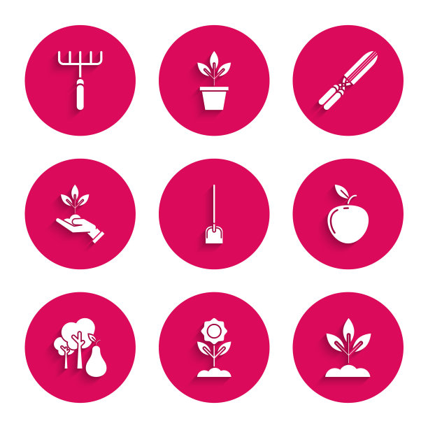 集铲，花，植物，苹果，梨树，在环保的手，园艺手工剪刀修剪和耙图标。向量图片下载