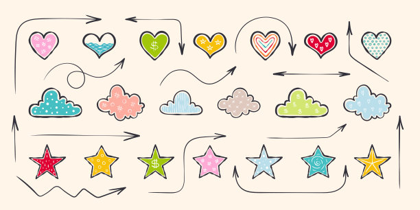 手绘心形和箭头图标的设计。随意涂鸦图标和对象。矢量可缩放图形图片下载