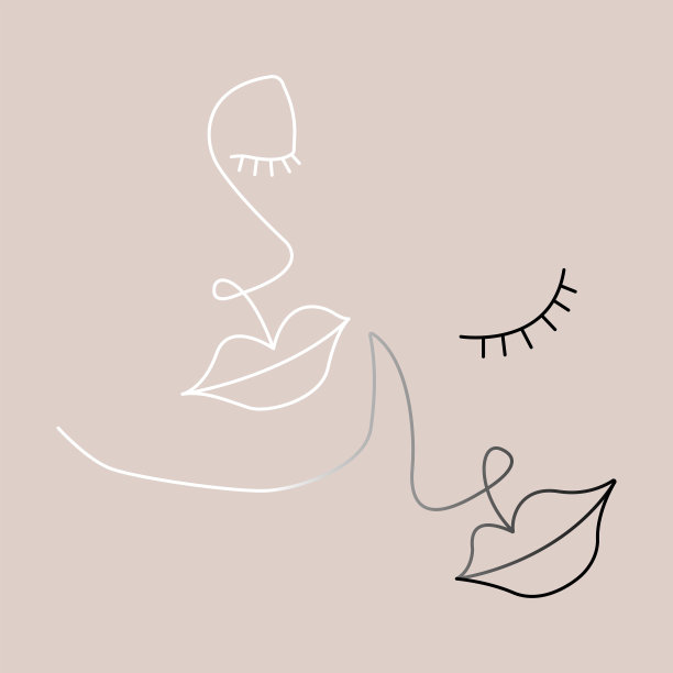 抽象的最小夫妇面对头部线条插图。女人和男人。在彩色背景上的黑白渐变。图片下载