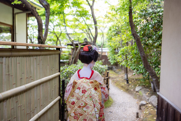 日本舞伎(艺伎训练)在京都祗园狭窄的人行道上行走的后视图图片下载