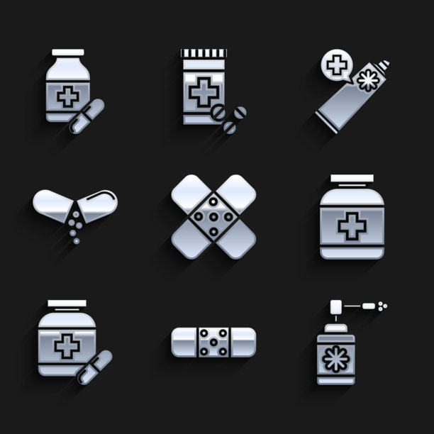 集交叉绷带膏，绷带，药瓶与喷嘴喷雾，药物，药丸，或片剂，药膏膏管药物和图标。向量图片下载