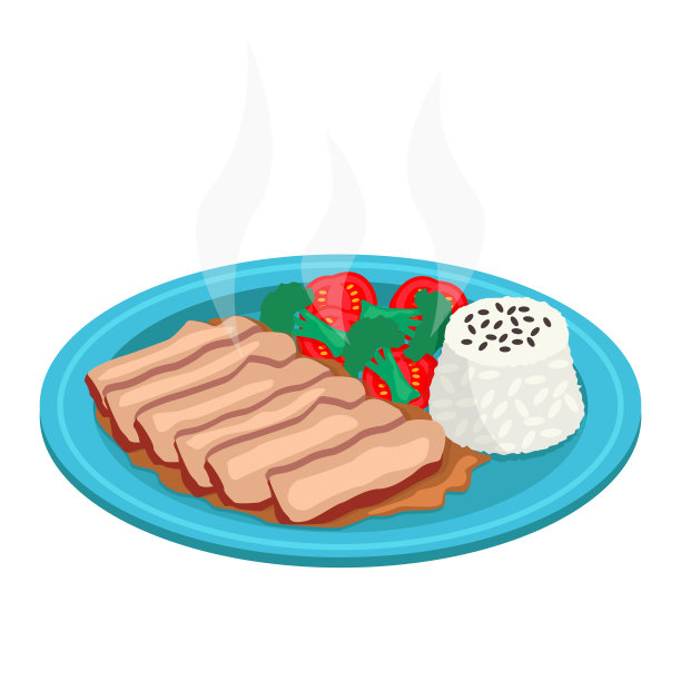 肉片配酱、米饭、西红柿和西兰花。向量图形。图片下载