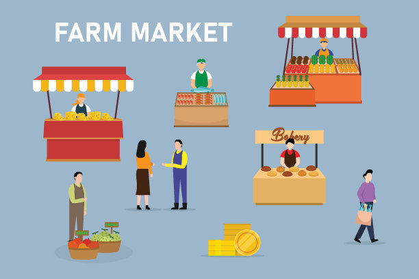 在街市摊位上售卖新鲜蔬果的农夫小贩角色图片下载