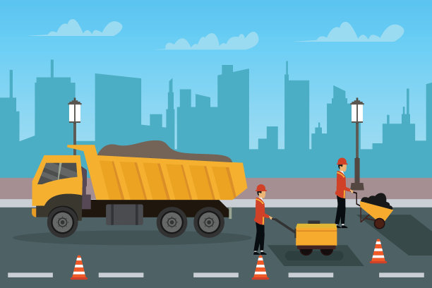 卡通人物在高速公路上修理坑洼 - 工业城市道路施工图片下载