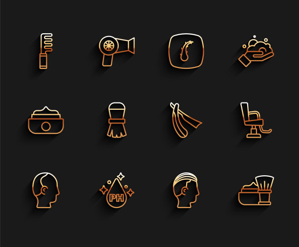 集线秃顶，油的头发护理治疗，发刷，发型，剃须与泡沫，理发店的椅子和直剃刀图标。向量图片下载