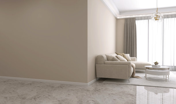 空白的米黄色墙角墙，客厅有墙角沙发，地毯上的圆形咖啡桌，大理石地板上的现代吊灯从地板到天花板的窗帘都在阳光下图片下载