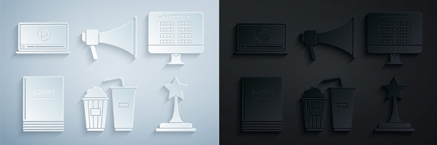 设置爆米花和苏打饮料玻璃，在线购买电影票，场景，电影奖杯，扩音器和在线播放视频图标。向量图片下载