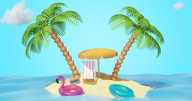 沙滩岛上有棕榈树，太阳躺椅伞。暑假旅游。三维渲染图片下载