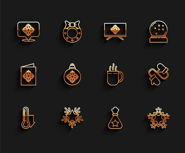 集线气象温度计测量，圣诞星，雪花带语音气泡，圣诞老人袋礼物，球，一双针织圣诞手套和咖啡杯图标。向量图片下载