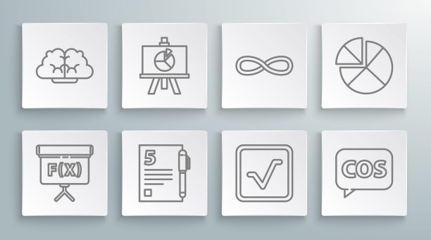 设置线几何图形立方体，XYZ坐标系，打开书，平板电脑与计算器，函数数学符号，算盘和图形，时间表，图表，图表图标。向量图片下载