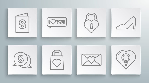 设置行8三月在语音泡泡，语音与我爱你，购物袋的心，信封，女性的性别，城堡的形状，女人的鞋子和贺卡图标。向量图片下载