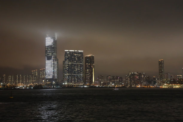 香港维多利亚港城市天际线雾夜图片下载
