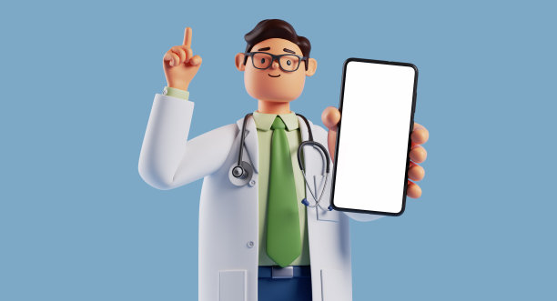 3d渲染，智能医生卡通人物穿着白大褂，戴着眼镜，向镜头展示空白屏幕的智能手机。手指向上。在线医疗咨询。医学应用图片下载