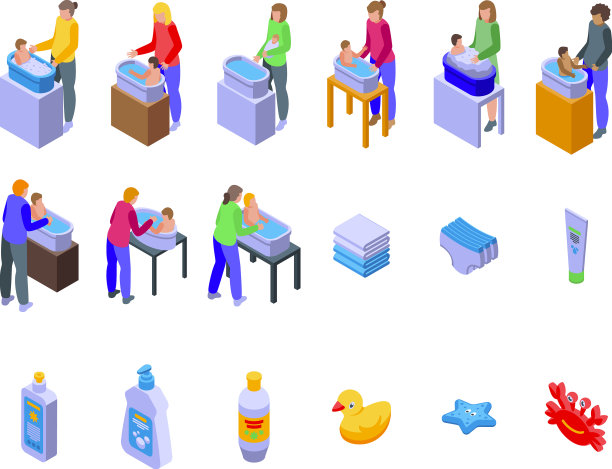 父母沐浴婴儿图标设置等距妈妈图片下载