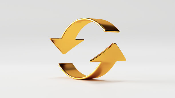 3d渲染，回收符号图标，抽象金箭头孤立在白色背景。金属方向标志图片下载
