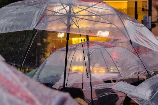 黄昏时城市中许多雨伞的特写图片下载