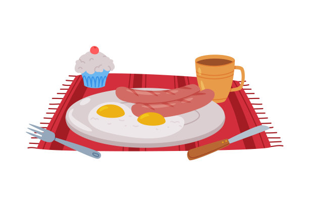 盘子里放着炒鸡蛋和香肠，还有一杯图片下载