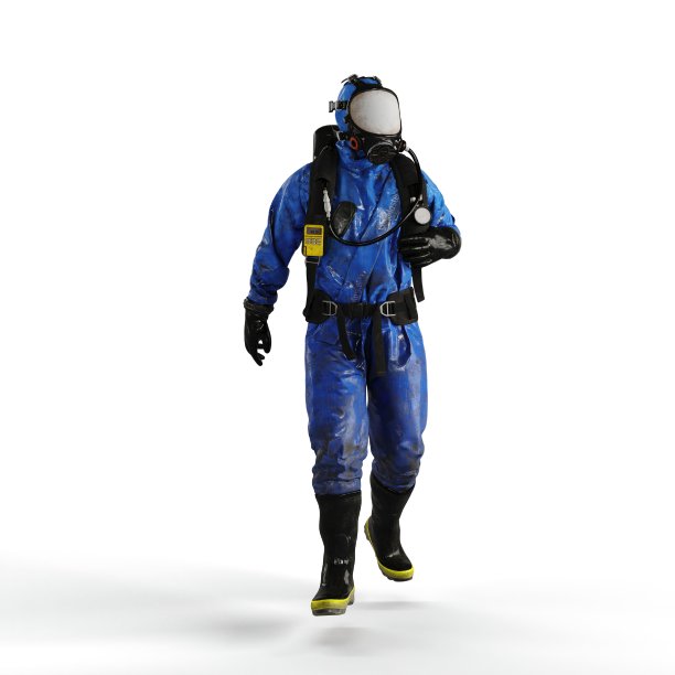 一个穿着蓝色防毒服的人在白色背景上行走的3d渲染图图片下载