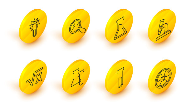 设置线放射性，试管和烧瓶，平方根x字形，显微镜，放大镜和图标。向量图片下载