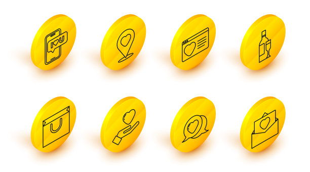 套线信封与情人节的心，心演讲泡沫，手，购物袋，香槟瓶，约会应用程序在线，位置和移动图标。向量图片下载