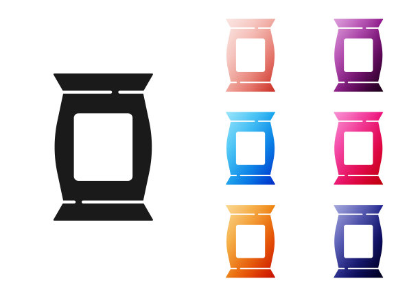 黑色袋或包薯片图标孤立在白色背景。设置图标彩色。向量图片下载