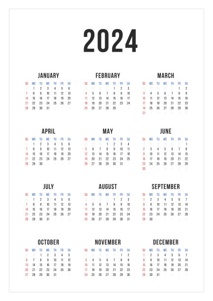 日历2024，日历2024 -周日开始。一页2024日历规划模板。图片下载