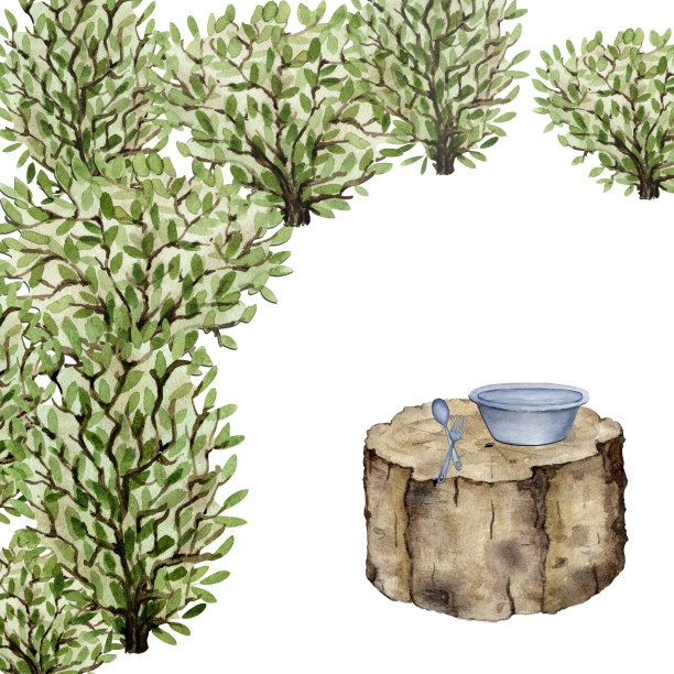 我们在户外做饭。我们在一片森林空地上扎营。野营用具，煤气灶。水彩插图图片下载