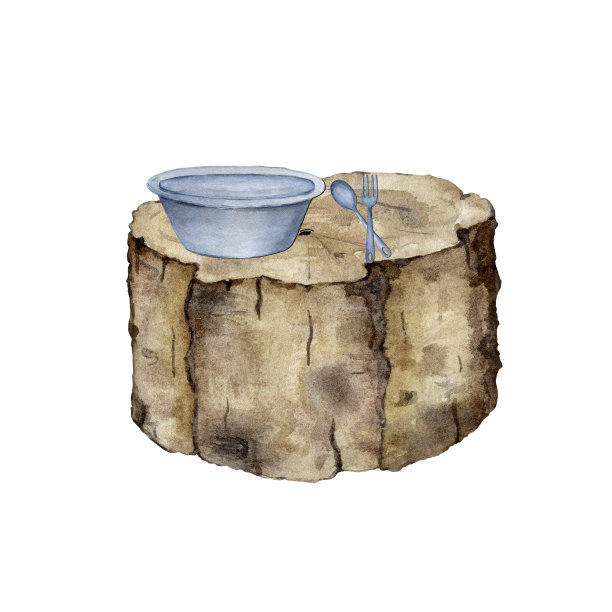 户外烹饪，树桩，金属板，勺子，叉子。水彩插图图片下载