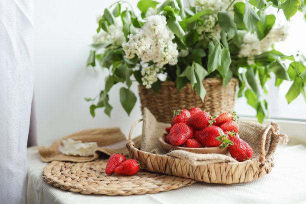 母亲节快乐，早餐漂亮，午餐托盘上有草莓，丁香花束。节日的概念。春节放假，亲人团聚图片下载