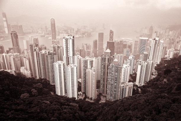 从太平山顶俯瞰香港岛，单色图片下载