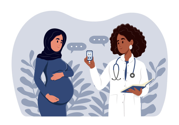 一位微笑的年轻黑人女医生用血糖仪测量一位孕妇的血糖水平。孕妇患糖尿病。世界糖尿病日。妇科和产科医生咨询。图片下载